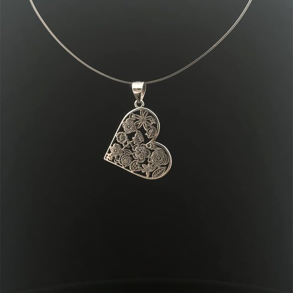 925 Sterling Silver Pendant Heart  Flower - Picture 2 of 7